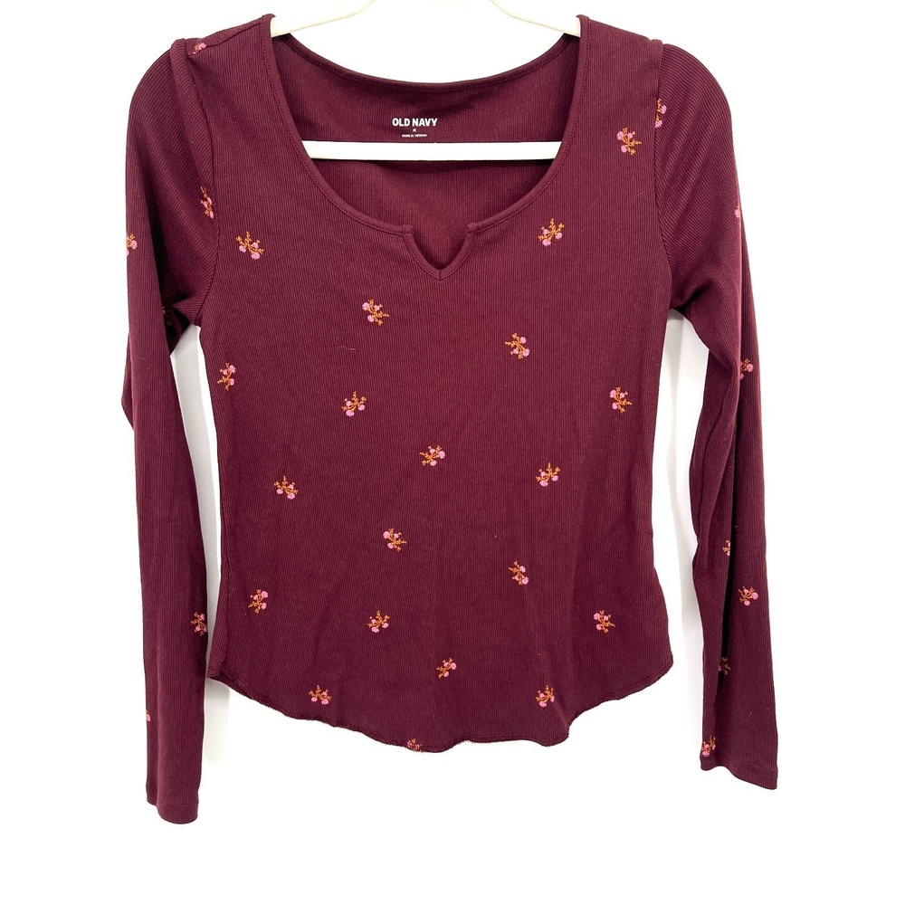 Old Navy maroon ribbed long sleeve top floral cottagecore‎ retro y2k vibes M